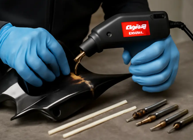 plastic welding workflow on a clamped crack with matched filler