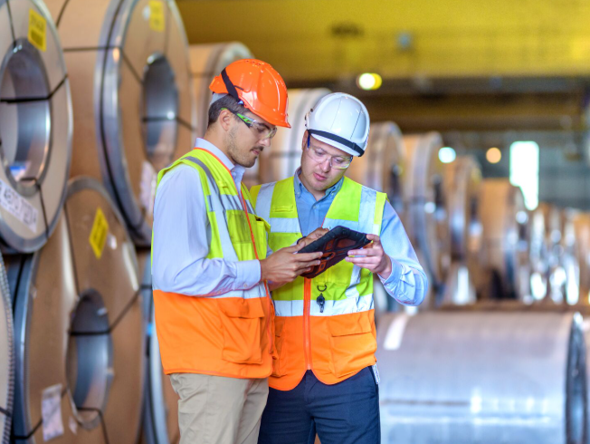 engineer reviewing a steel composition report beside raw material