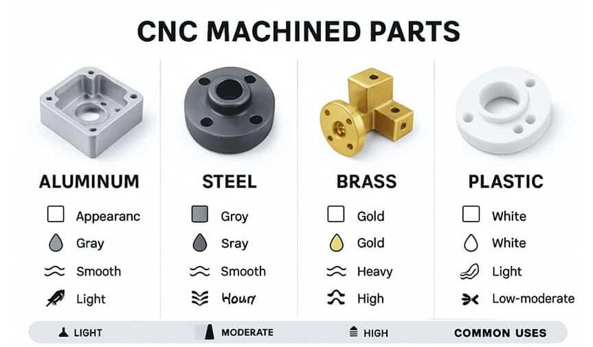 common cnc materials including aluminum stainless steel brass and engineering plastics
