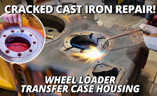 tig repair on a cast iron housing in a workshop