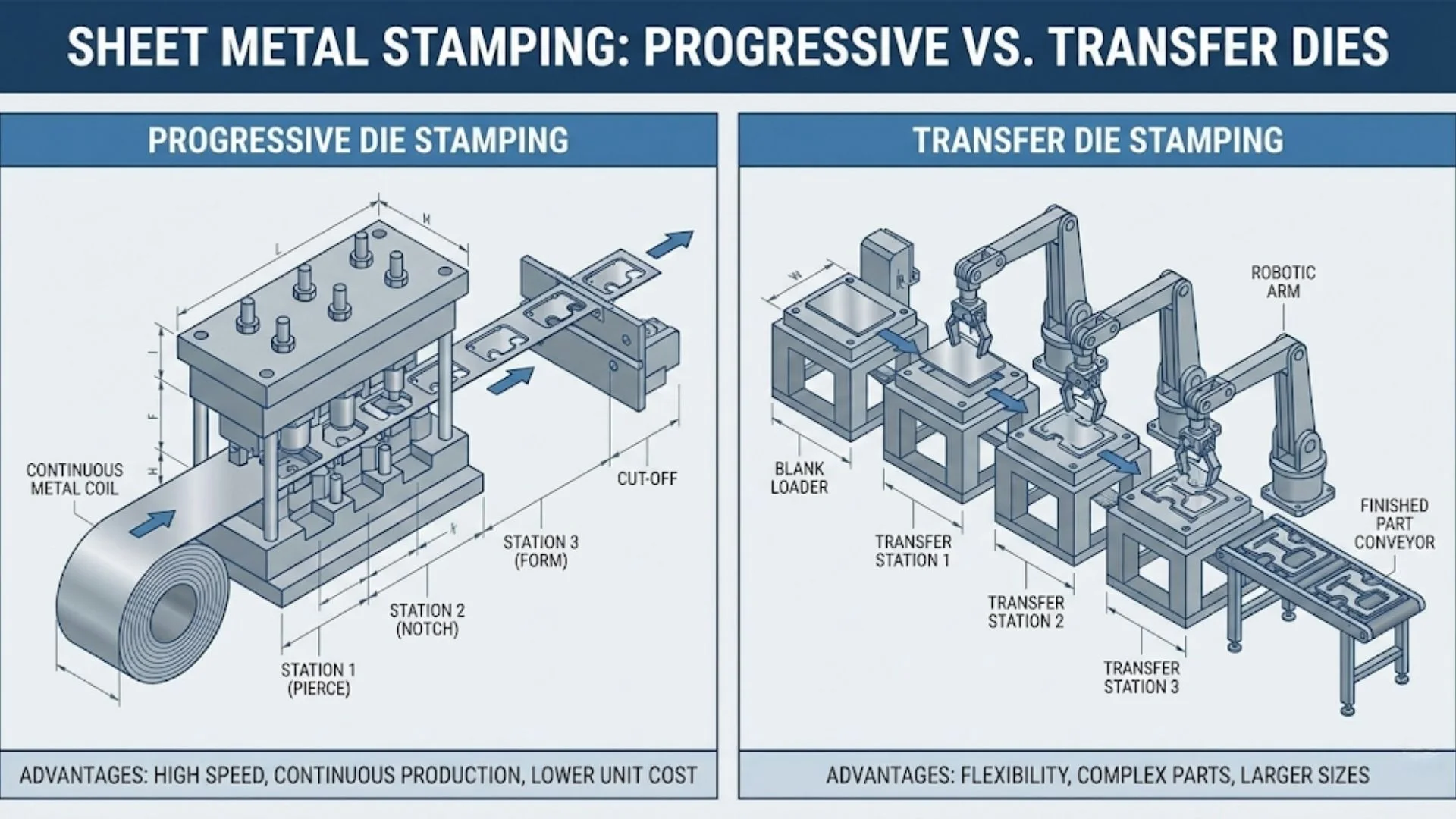 comparison of progressive transfer and compound die stamping configurations