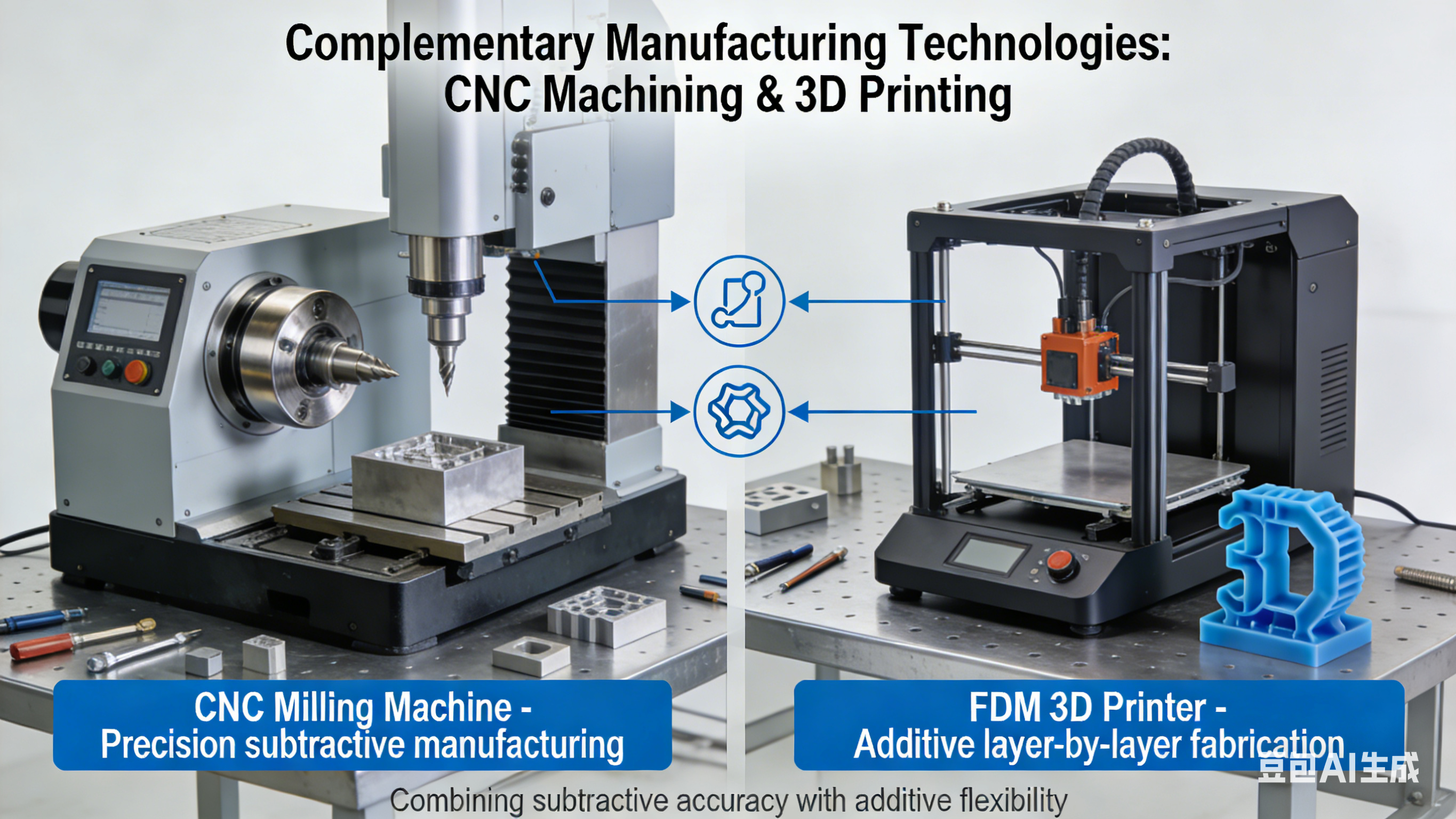 cnc machining and 3d printing equipment representing complementary manufacturing technologies