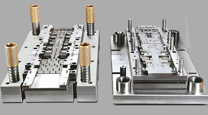 precision stamping die assembly showing upper and lower components in manufacturing environment