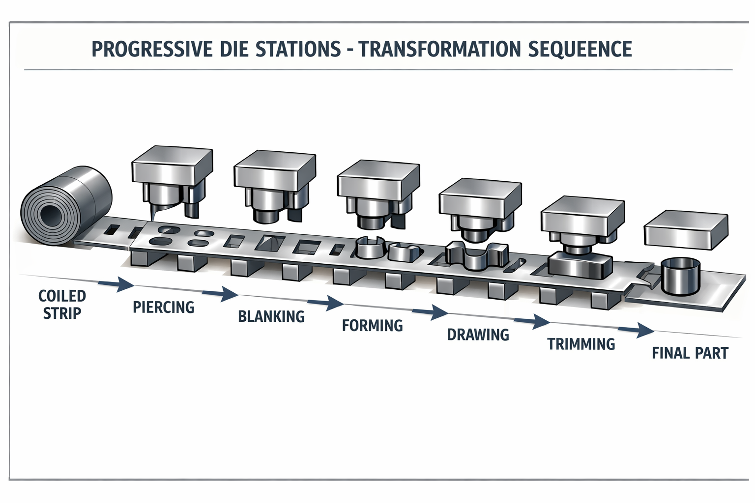 strip layout showing progressive transformation through sequential die stations