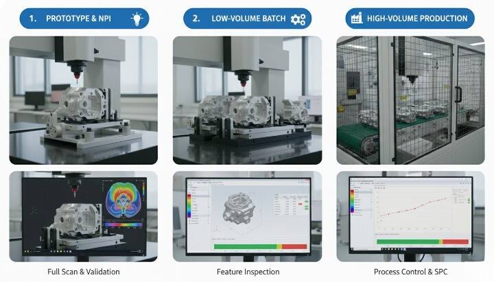 cmm inspection station performing quality verification on production cnc machined components