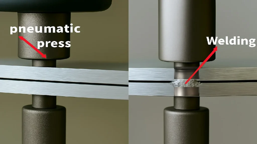 cold welding concept showing metal parts bonded by pressure without melting