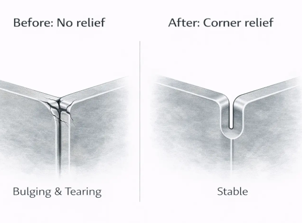 critical dfm features including bend reliefs and proper hole to bend spacing