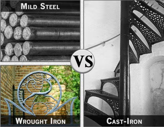 pure iron wrought iron cast iron and steel shown in practical forms