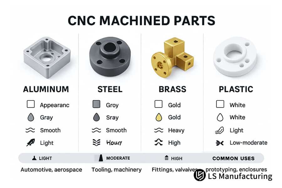raw materials for cnc manufacturing including aluminum steel brass and engineering plastics