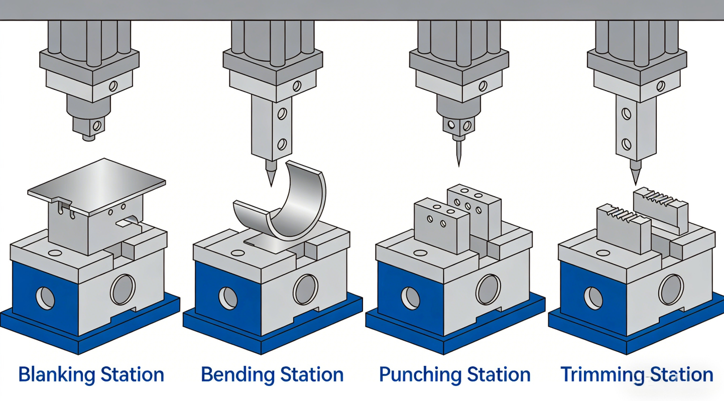 sequential stations in a progressive die perform multiple operations per press stroke