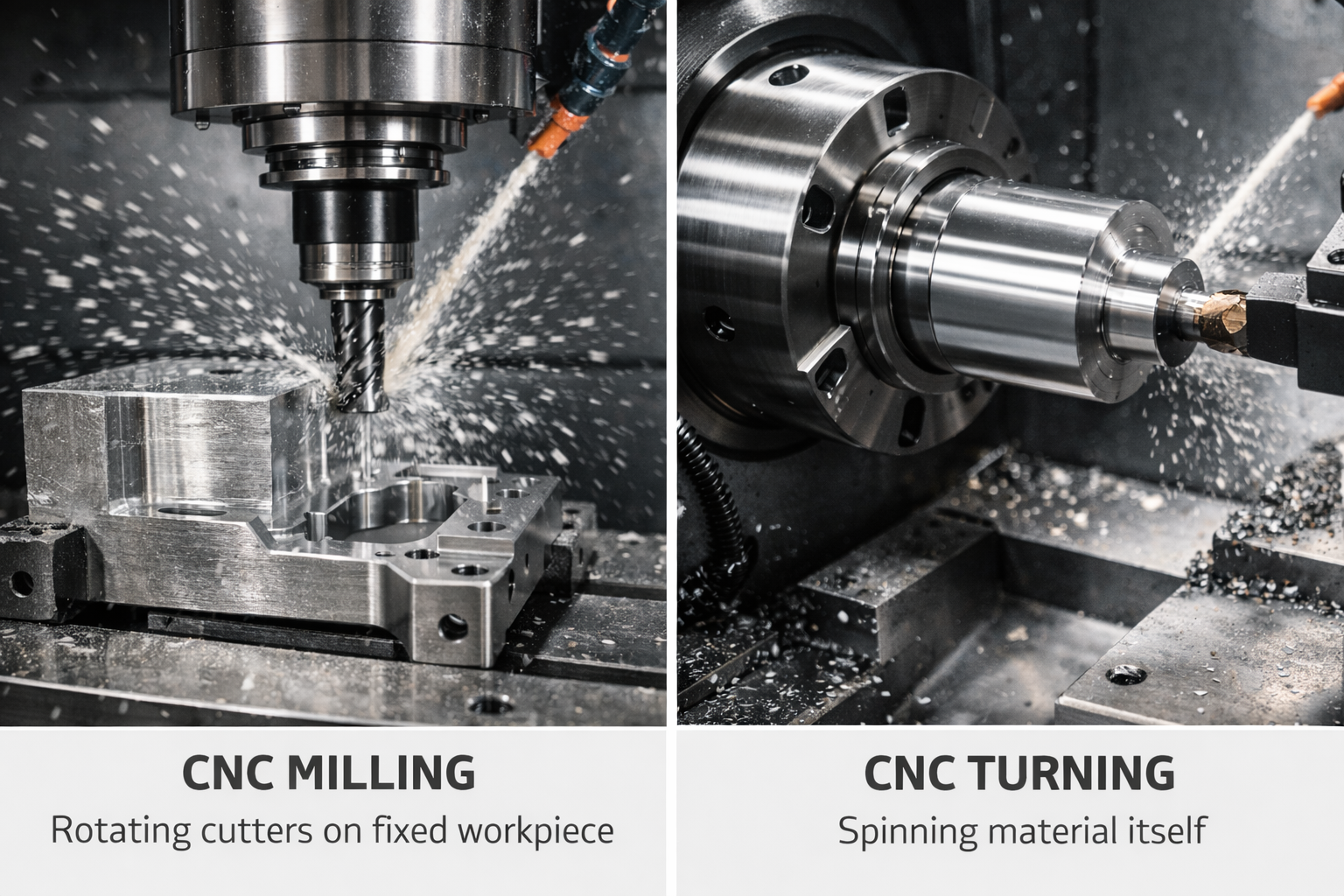 cnc milling uses rotating cutters on fixed workpieces while turning spins the material itself