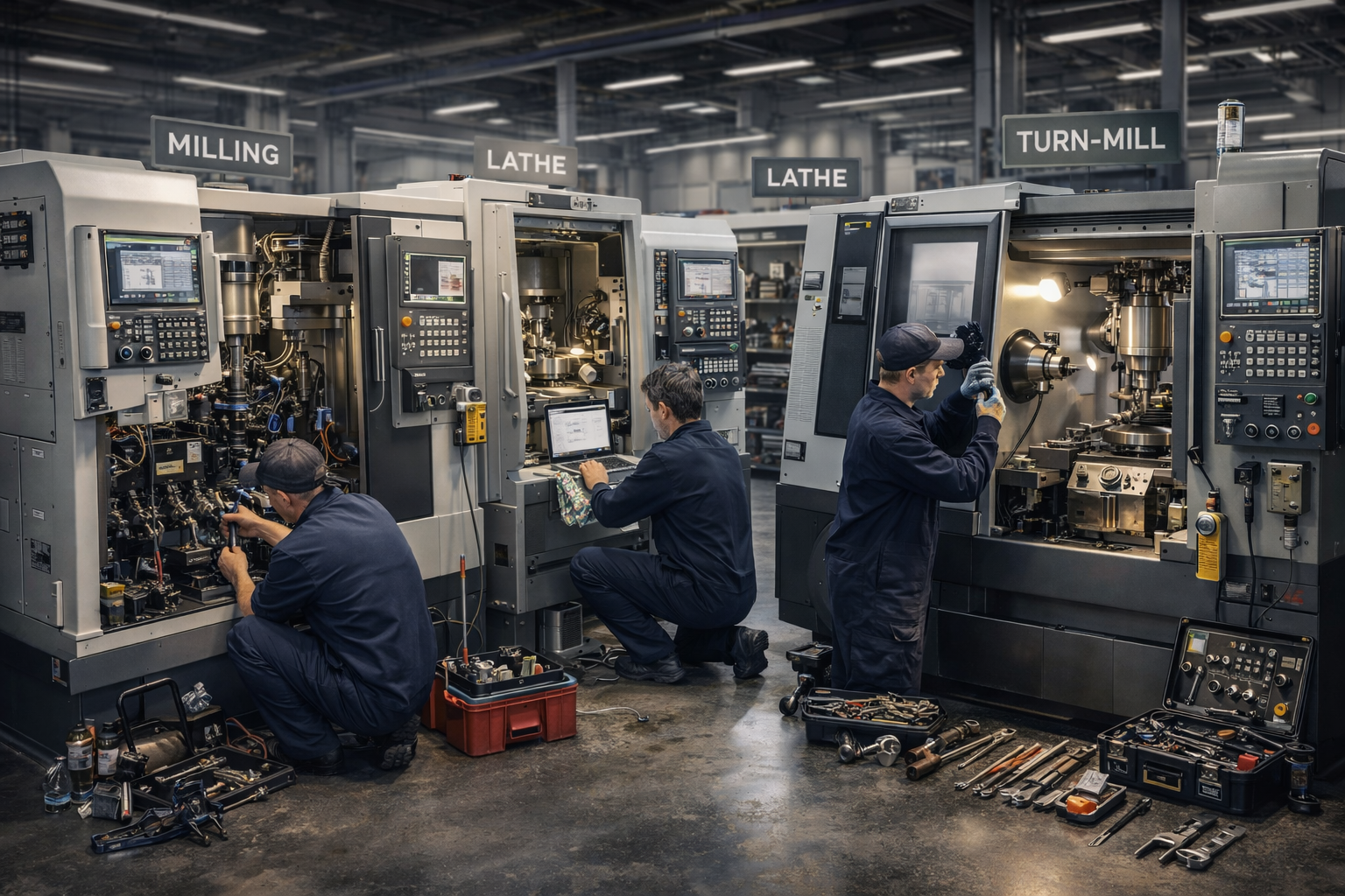 various cnc machine types requiring specialized maintenance approaches on a manufacturing floor
