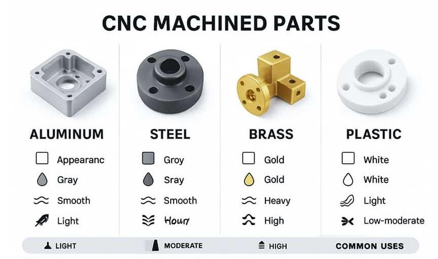 common cnc machining materials including aluminum steel brass and engineering plastics