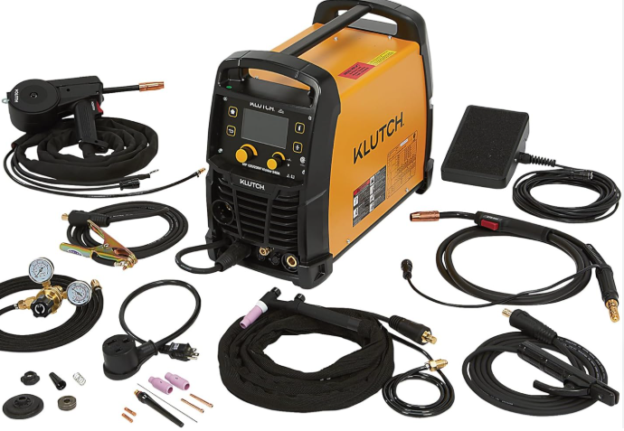 wire feed welder setup with spool gas gun and ground clamp ready for welding