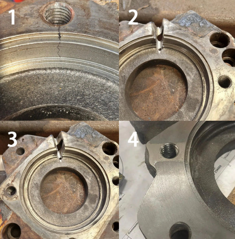 welder assessing a cracked cast iron part before repair