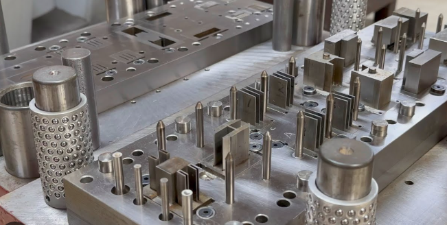 progressive die stamping machine processing metal strip through multiple precision stations