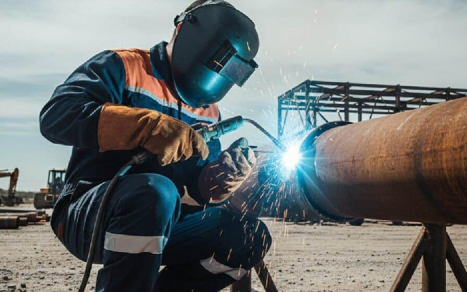 beginner using a wire feed welder to run a clean bead with proper safety gear