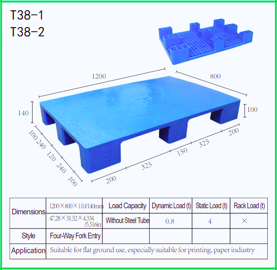 HDPE European Tray |Heavy Duty Industrial Nine Legs Solid Flat Plastic Euro Pallet 1200*800*110MM Single Faced 4-Way Entry T38-1