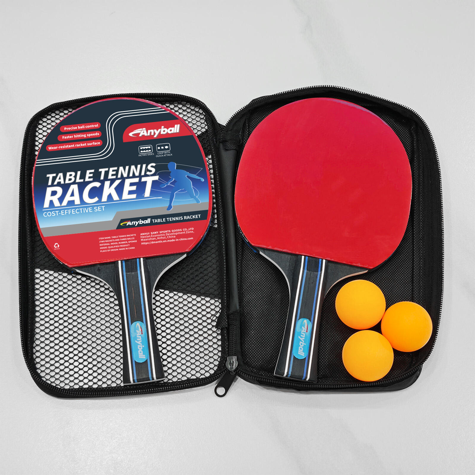 Factory Product Durable Anyball Brand Pingpong Racket Black Poplar Wood Table Tennis Racket Two Rackets with 3 Ball Set