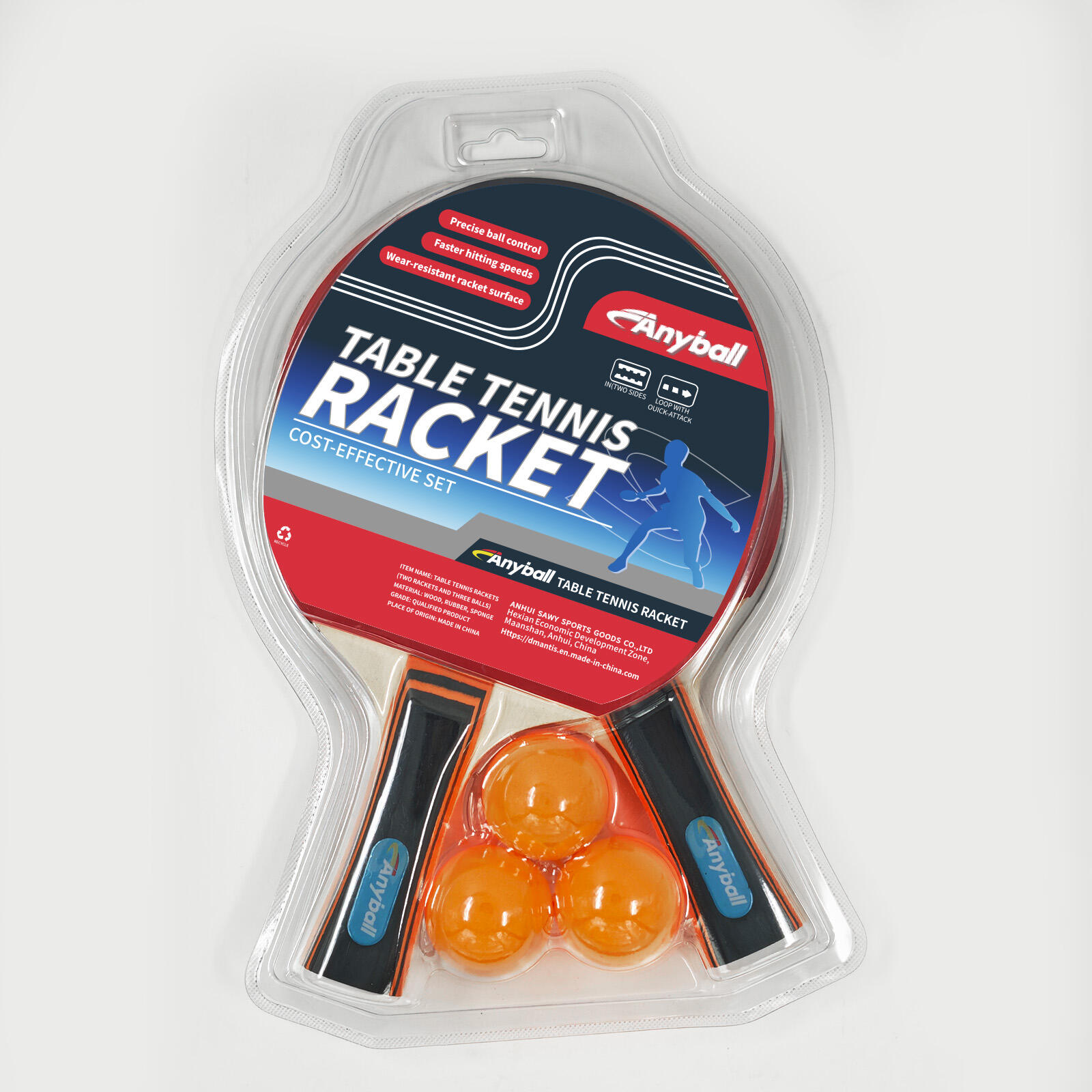 Wholesale Anyball Brand Pingpong Racket 7 Layers of 7mm Pure White Poplar Table Tennis Racket Two Rackets with 3 Ball Set