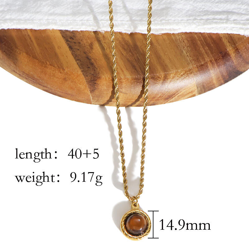  Vintage Round Tiger Eye Pendant Rope Chain Gold Necklace For Dating