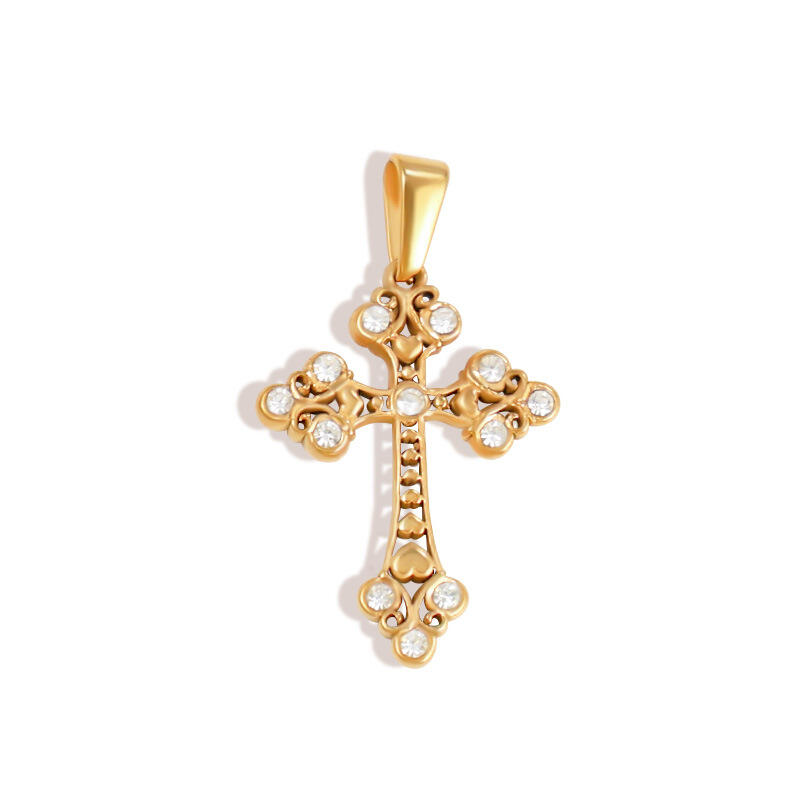 Stainless Steel Retro Patterns Cross Pendant With Rhinestone