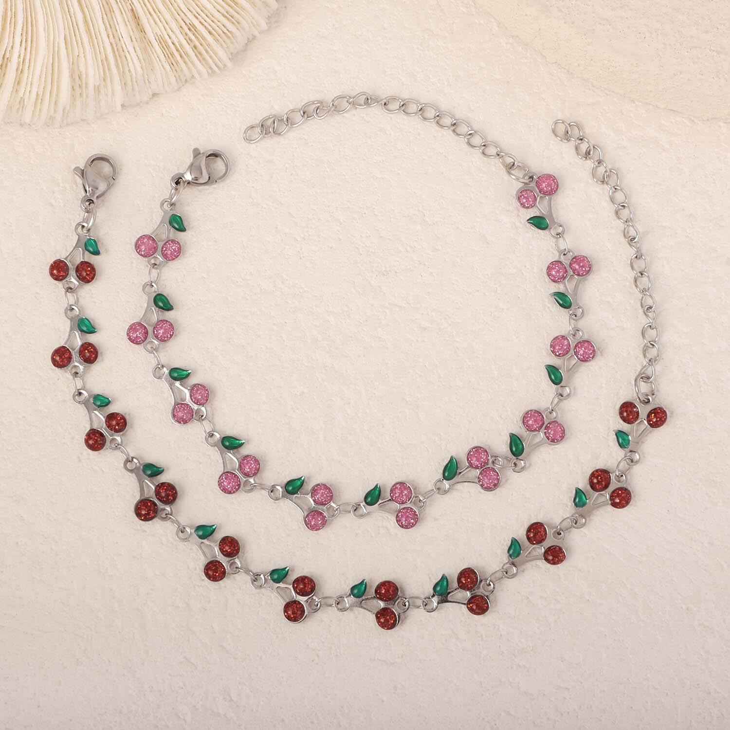 Cute Pink Zircon Steel Chain Red Cherry Bracelet For Young Girl Birthday Gift