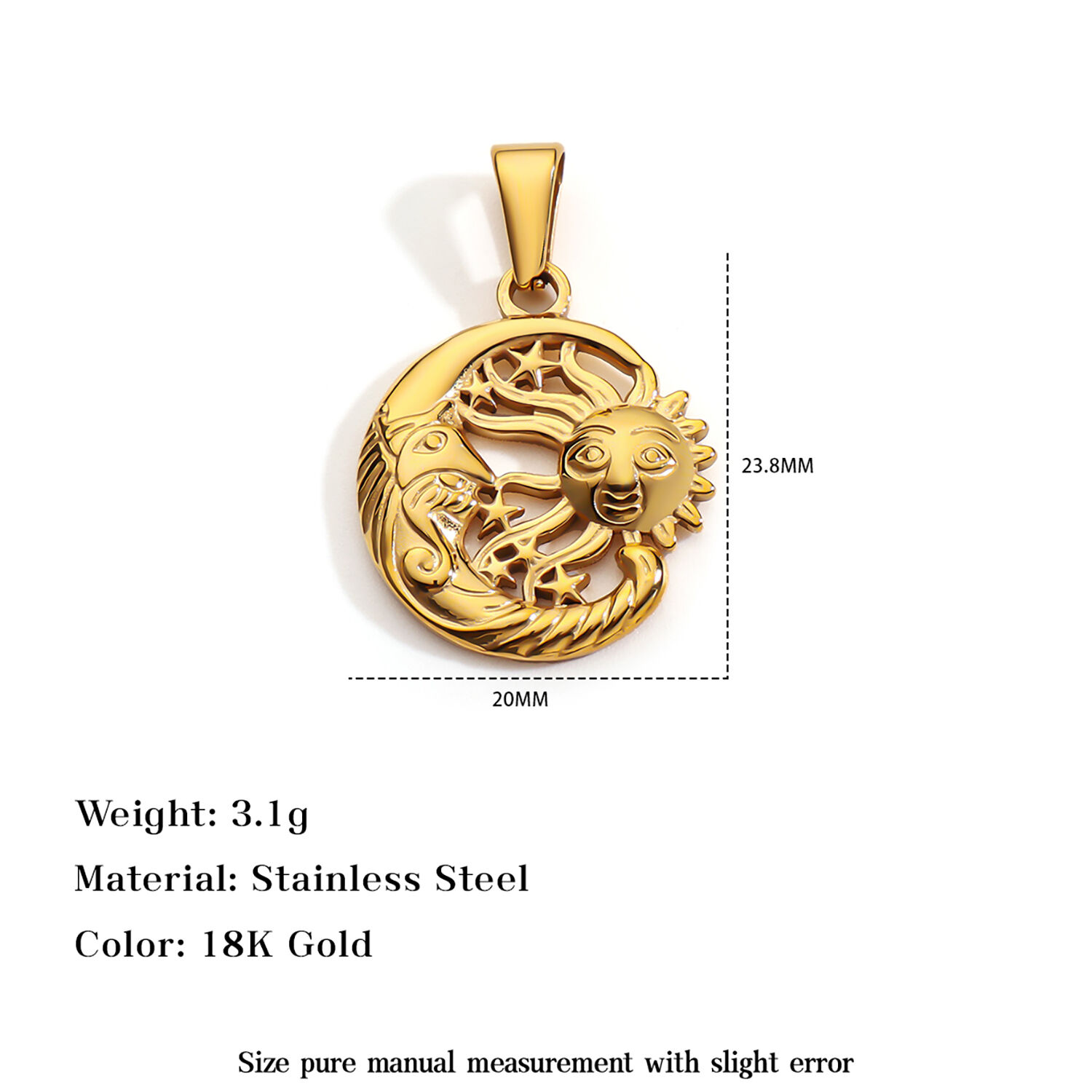 Retro 18k Gold Moon Star Sun Face Pendant Hollow Natural theme Jewelry  