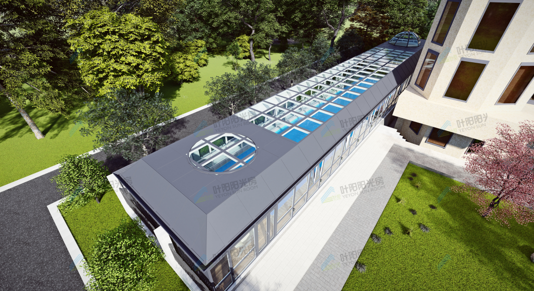 Sunroom for Pool Leisure Area: Kongming-Style Roof Design Achieving a Balance Between Waterproofing and Aesthetics
