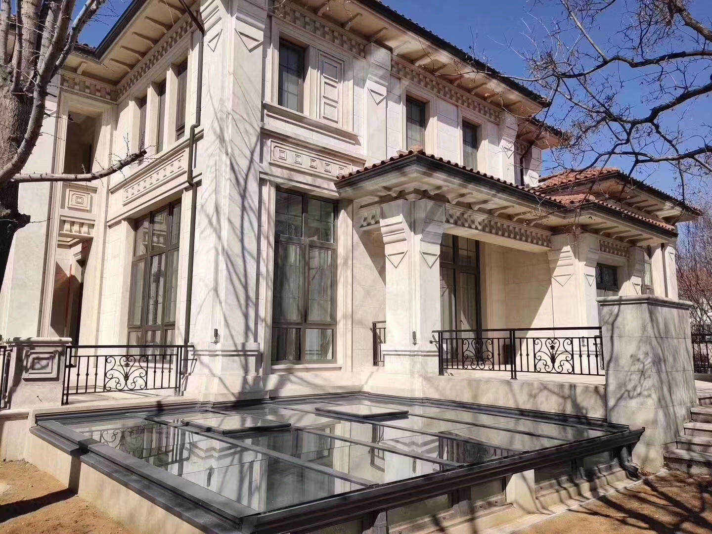 A sunroom provides extra living space.