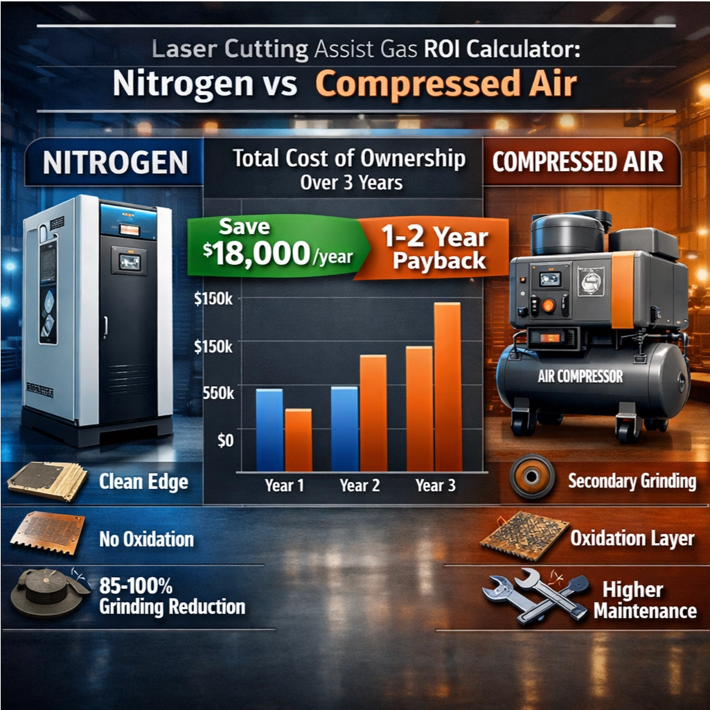 Laser Cutting Assist Gas Cost Comparison: Nitrogen vs Compressed Air ROI Calculator