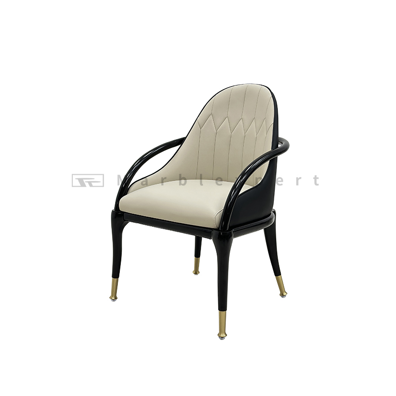 High-End Hotel Dining Chair - Beige Faux Leather Diamond-Quilted Upholstery, Solid Hardware Gold Feet, High-Gloss Paint Solid Wood Frame, Light Luxury Style