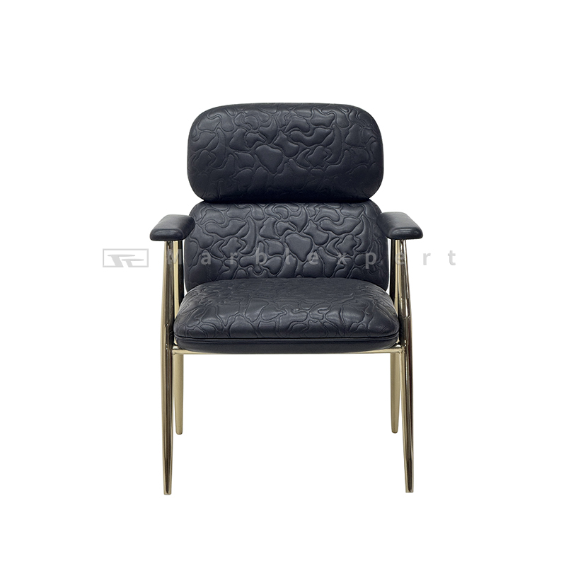 High-End Club Dining Chair - Black Textured Leather, Champagne Gold High-Gloss Steel Frame, High-Back Comfort Model, Light Luxury Style