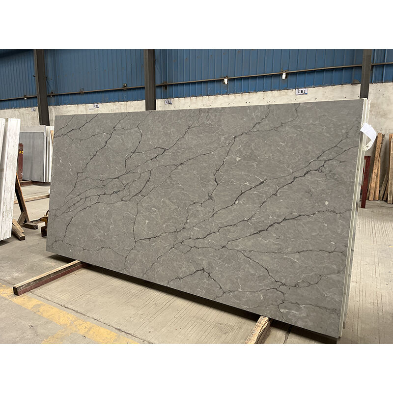 Tấm thạch anh Calacatta bán trong suốt với vân xám, Model No.: NS1002, kích thước tấm có thể sản xuất theo yêu cầu cho dự án thương mại