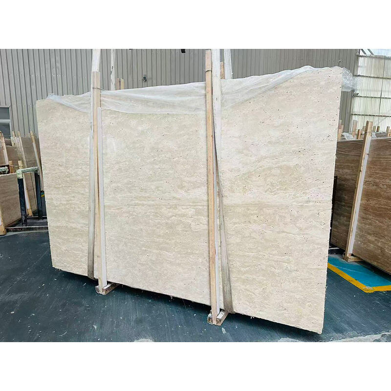 Tấm Travertine màu kem 240UP*120UP*2CM kết cấu tự nhiên & ấm áp, đã trám nhựa và mài mờ, dùng cho tường phòng tắm và ốp lò sưởi
