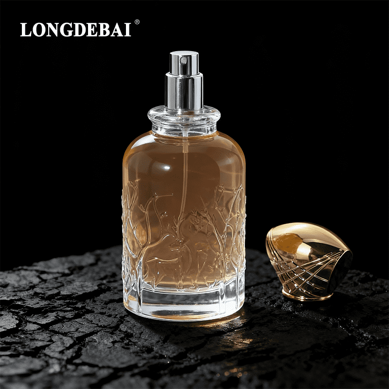 30ml 50ml 100ml Elk Forest Embossed Amber Crystal perfume Bottle with Gilded Diamond Top Cover details