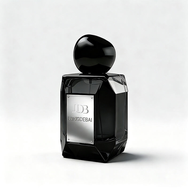 Geometric Multi-Faceted Black Glass Perfume Bottle With An Irregular Dome Cap
