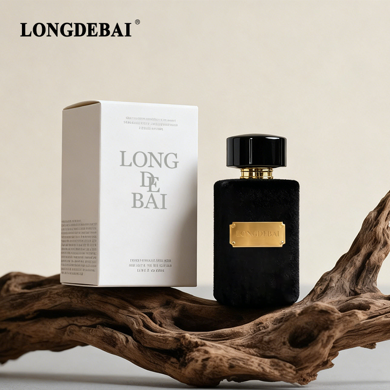 Cylindrical flocked glass perfume bottle with black gold bottle cap manufacture