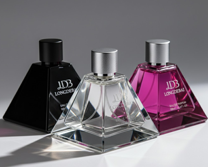 30ml 50ml 100ml pyramid shaped high permeability glass perfume bottle with metal cap supplier