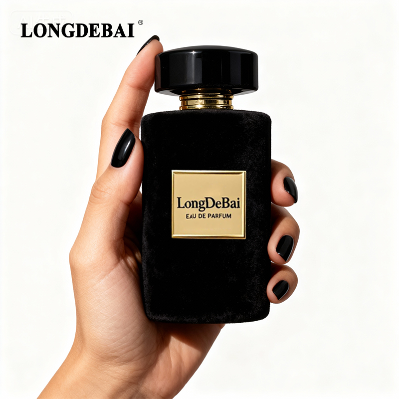 Cylindrical flocked glass perfume bottle with black gold bottle cap manufacture