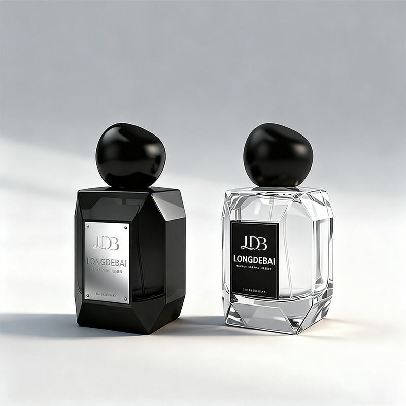 Geometric Multi-Faceted Black Glass Perfume Bottle With An Irregular Dome Cap