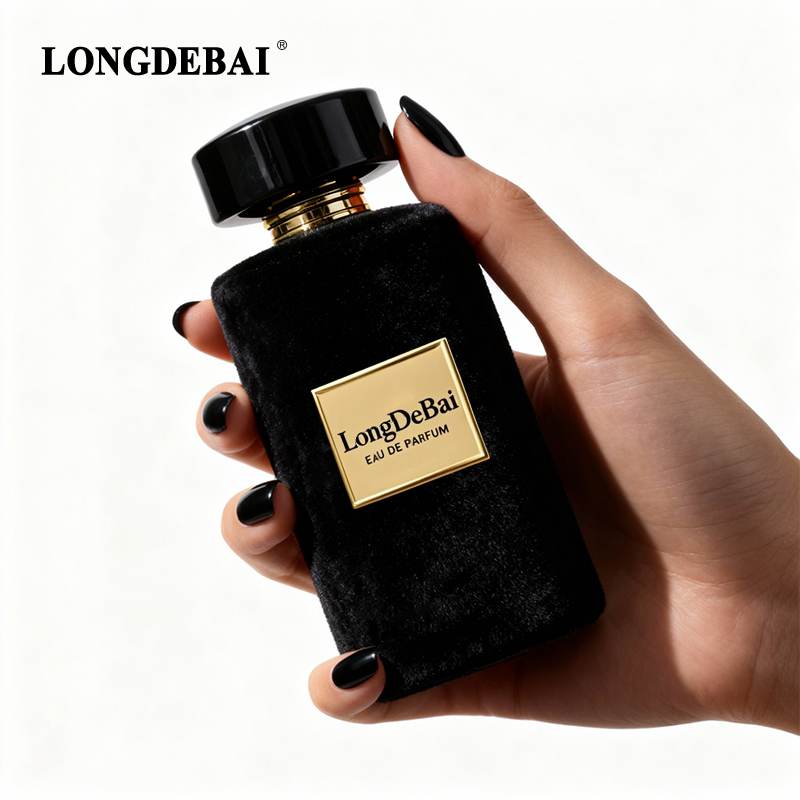 Cylindrical flocked glass perfume bottle with black gold bottle cap supplier