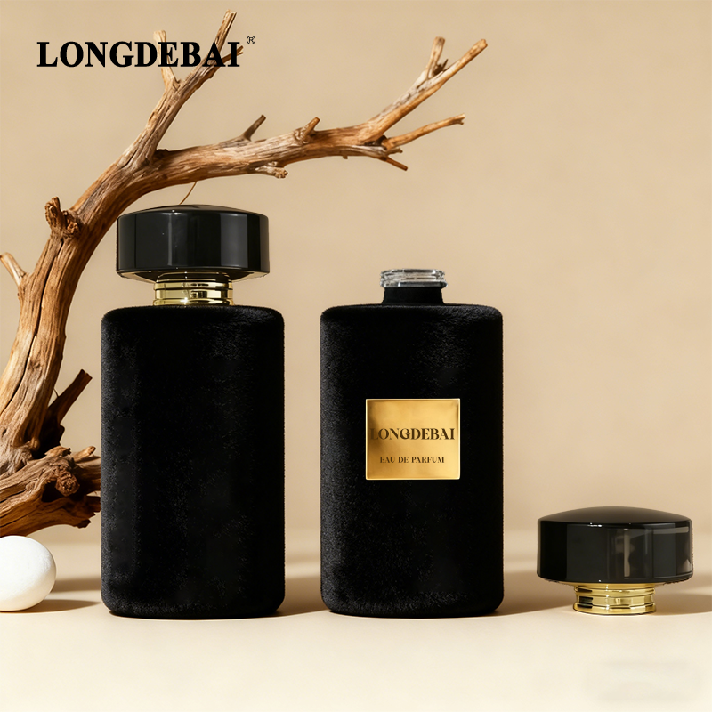 Cylindrical flocked glass perfume bottle with black gold bottle cap supplier