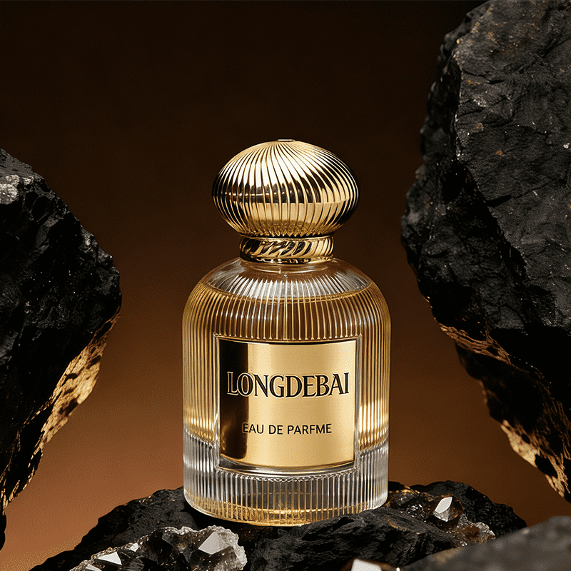 Vertically Striped Glass Perfume Bottle with Striped Dome-Shaped Metal Cap details