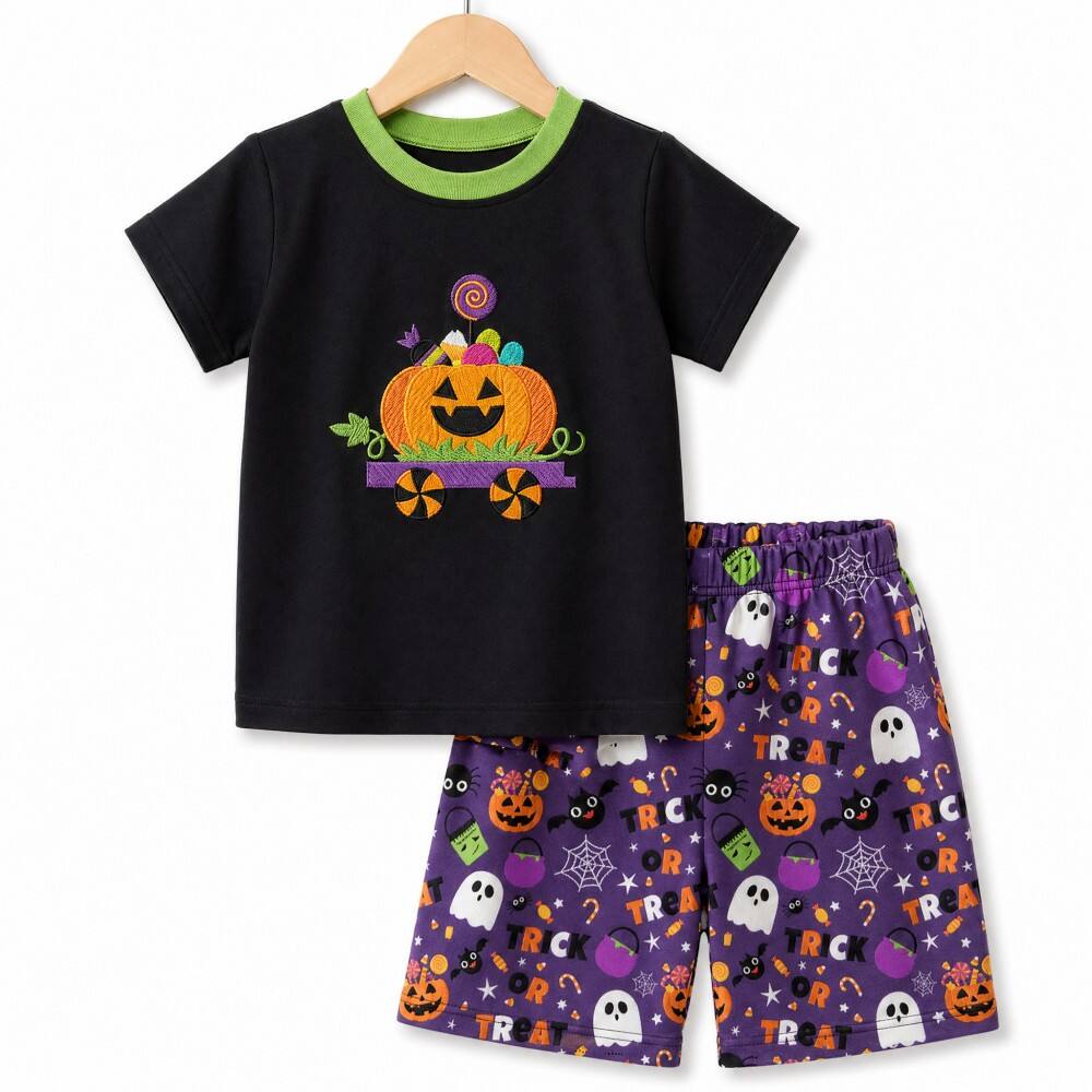 Djevojke Halloween Flutter rukavi kratke Set mašina brodiran Bundeva vagon odjeća