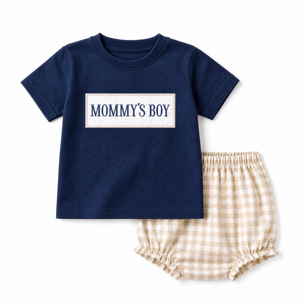 Baby Mommys Boy Navy Blue T-shirt i Tan Gingham Bloomer Shorts Set