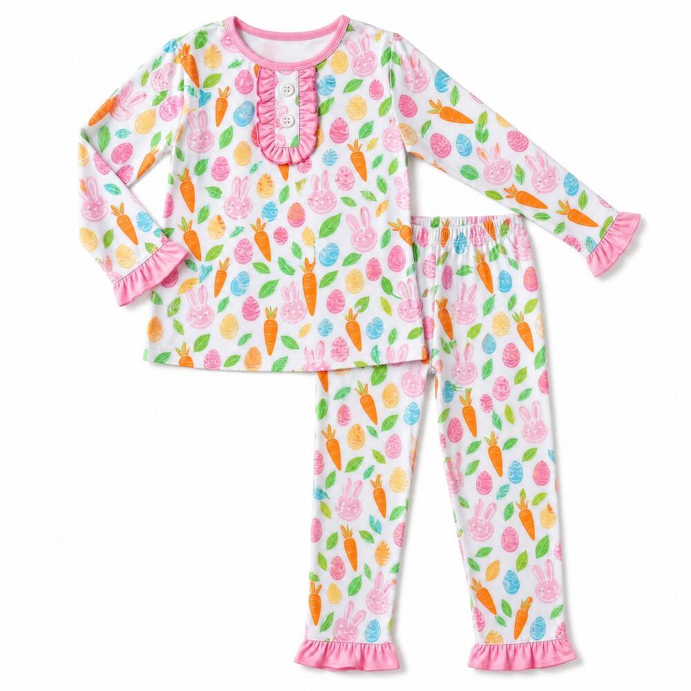 Uskršnji zec štampa Bambus viskoza Pink Ruffle dječje pidžame Set