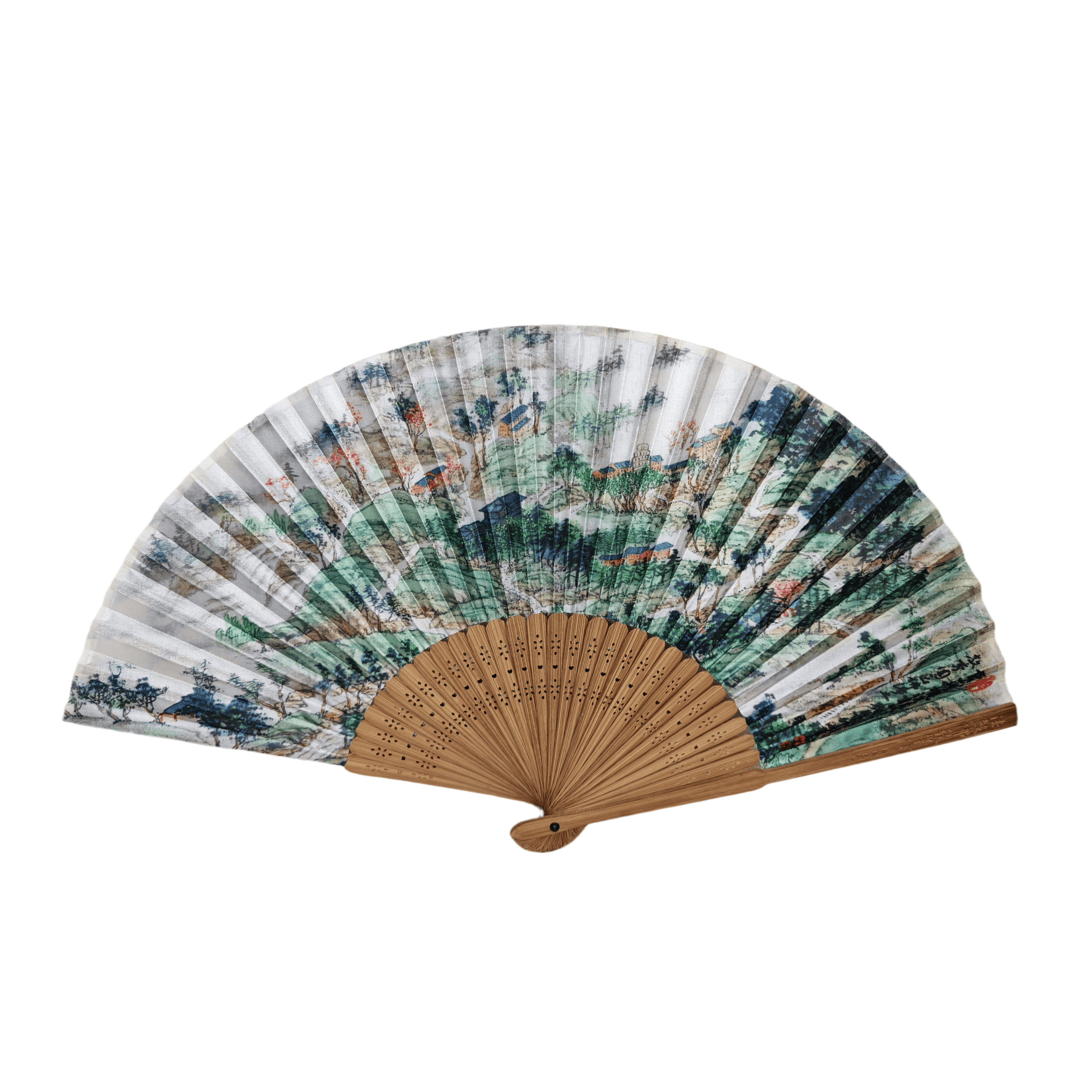 Leque de mão chinês tradicional com paisagem em tinta oriental sobre tecido e estrutura em bambu – Leque dobrável autêntico de arte oriental, ideal para lembranças culturais e lojas de museus