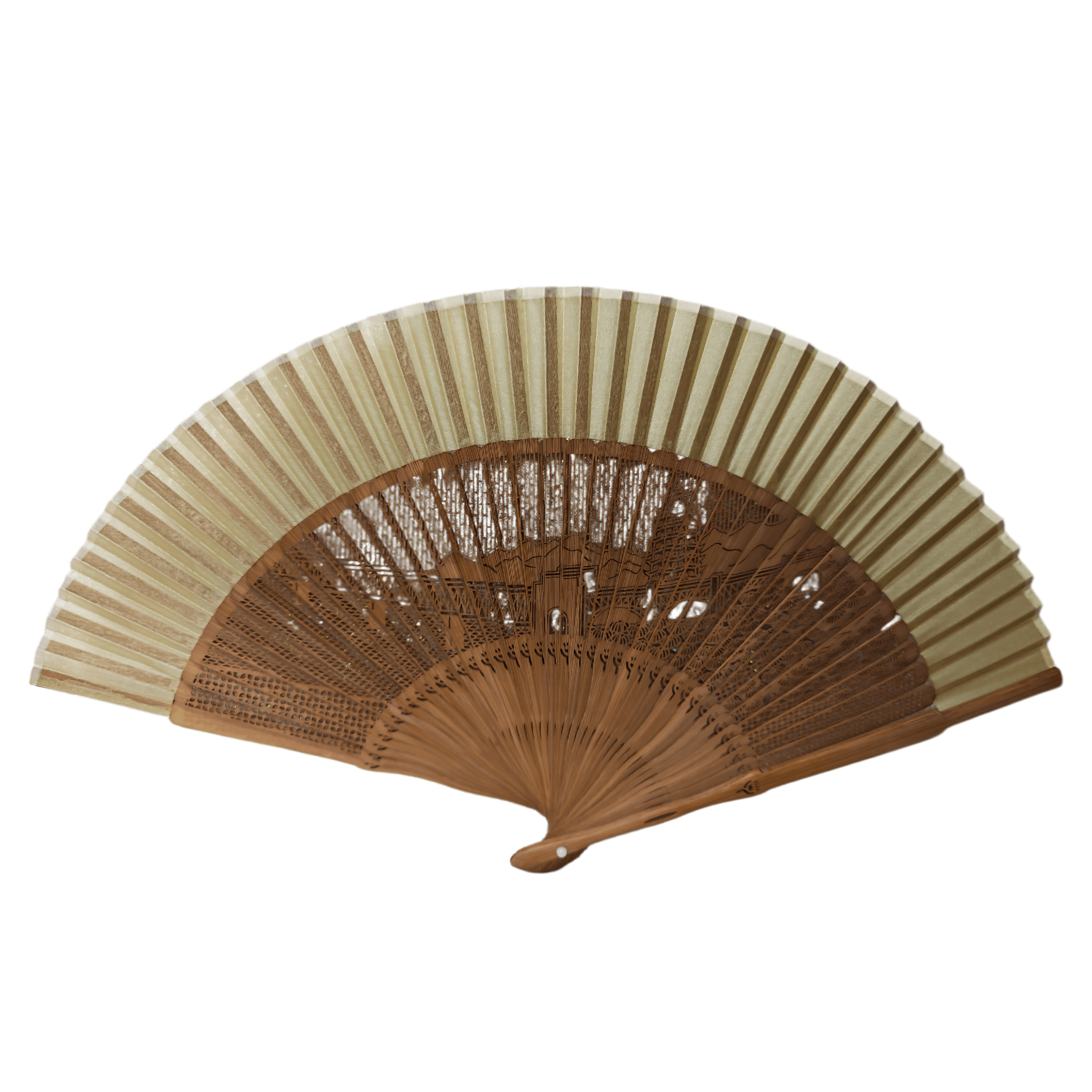 Leque de mão chinês vintage entalhado com paisagem em bambu – Leque dobrável intrincado em filigrana com borda em tecido, ideal para lembranças culturais e eventos