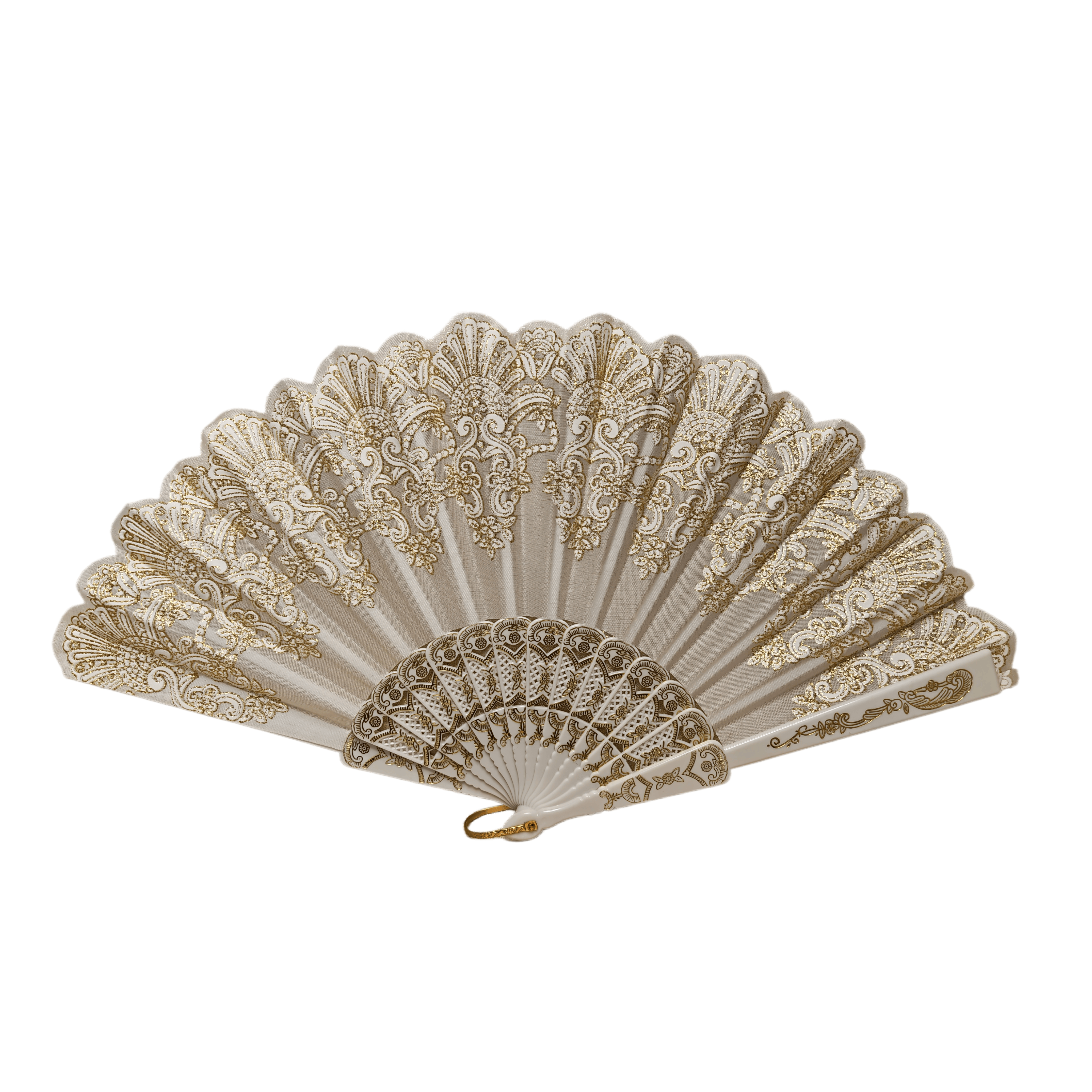 leque de mão espanhol de 23 cm – Leque dobrável premium branco e dourado, estilo barroco com borda em concha, ideal para casamentos e lembranças nupciais